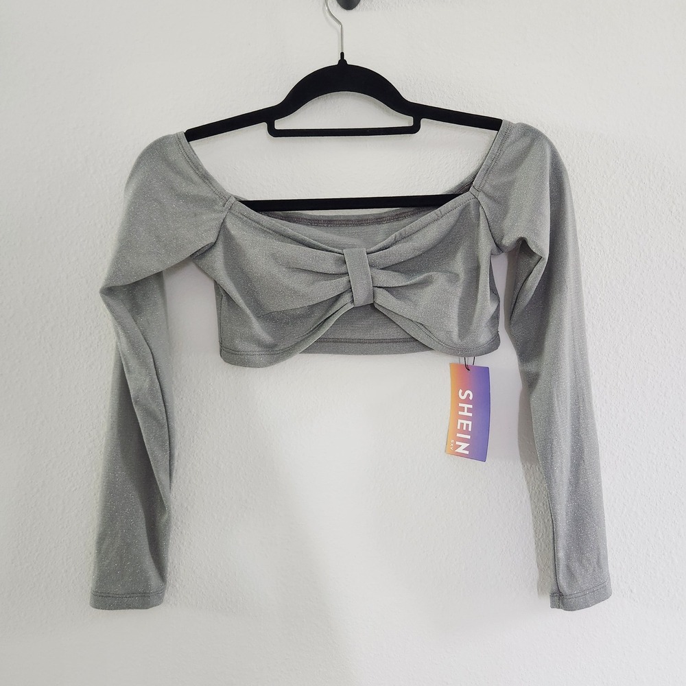NWT Silver‎ Glitter Off the Shoulder Twist Front Long Sleeve Crop Top Medium